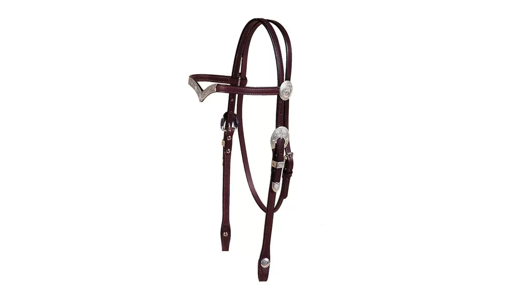 Tory Leather 5/8" V Brow Headstall, Oklahoma Engraved Silver Trim